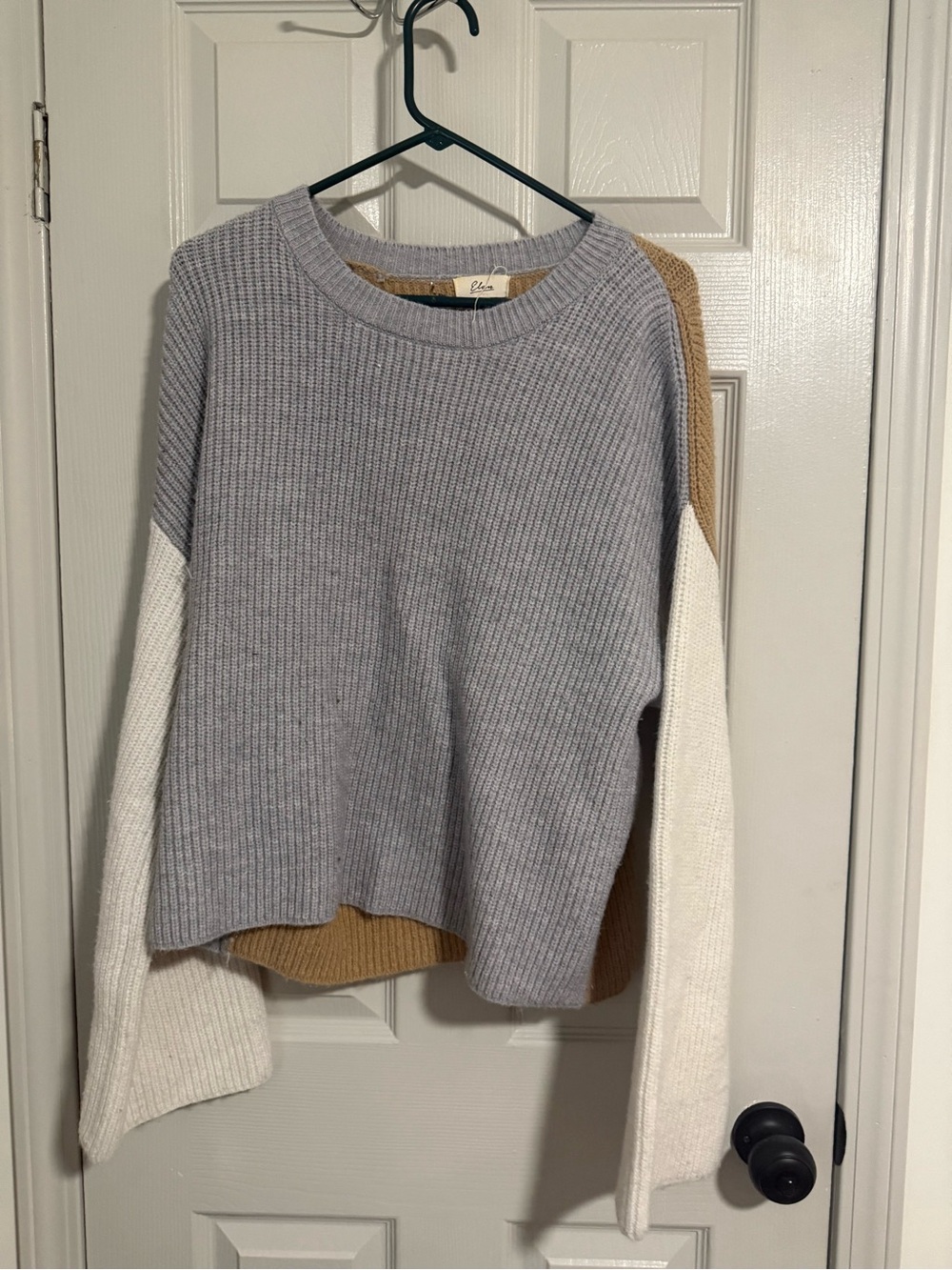 Elan Colorblock Crewneck Sweater - Gray/White/Tan